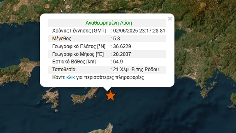 Ισχυρός σεισμός 5,8 Ρίχτερ ανοιχτά της Ρόδου