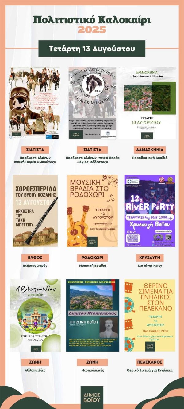 Δήμος Βοΐου – Πολιτιστικό καλοκαίρι 2025 – Εκδηλώσεις Τετάρτης 13 Αύγουστου