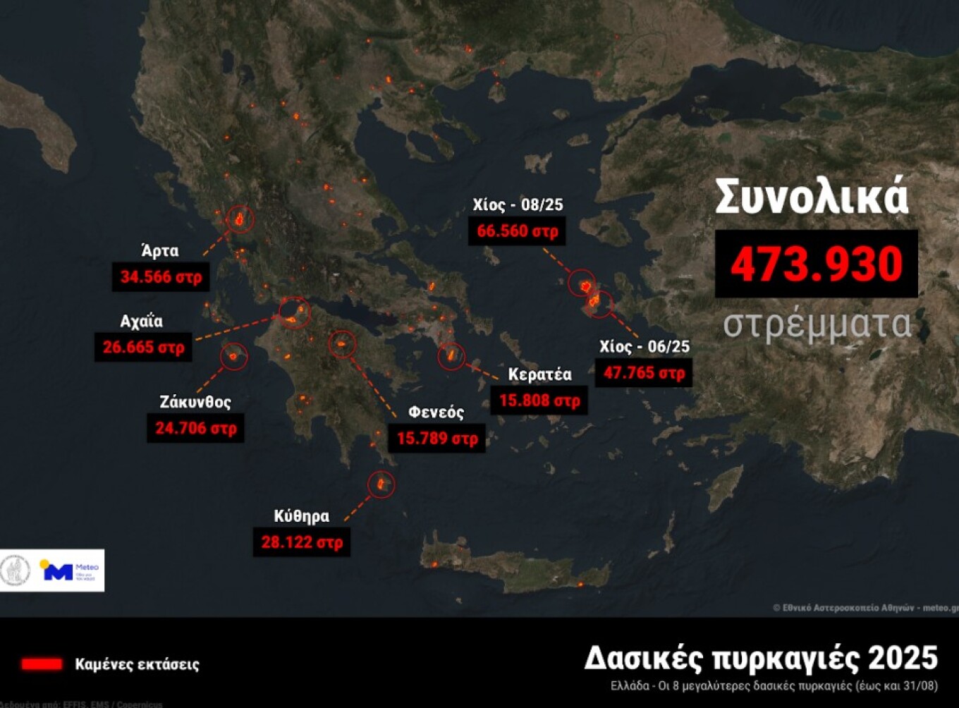 Οι 8 μεγαλύτερες πυρκαγιές στην Ελλάδα το 2025