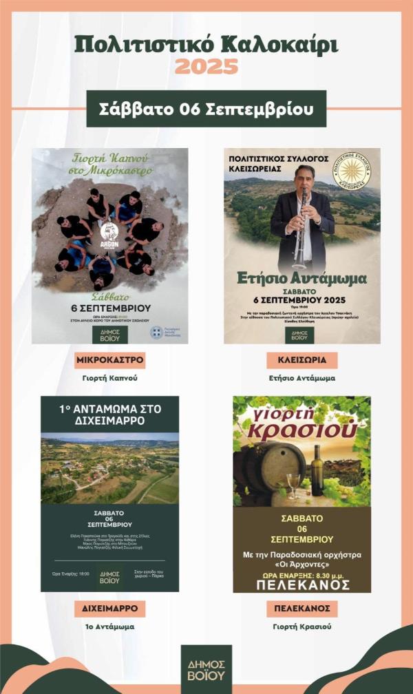 Δήμος Βοΐου: Πολιτιστικό καλοκαίρι 2025 – Εκδηλώσεις Σαββάτου 6 Σεπτέμβρη